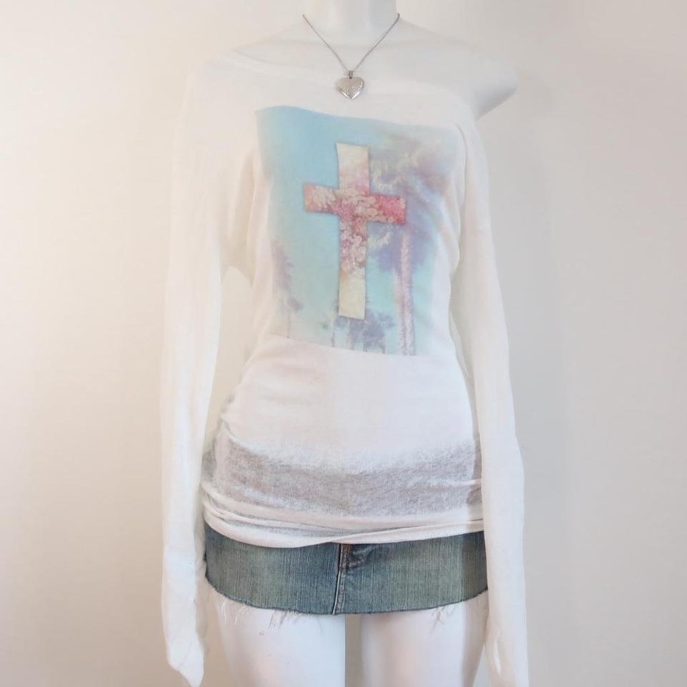 y2k baby tee long sleeve cross palm tree graphic indie top